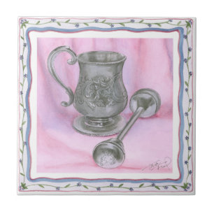 Heirloom Cup & Rattle on Purple Background Ceramic Tile