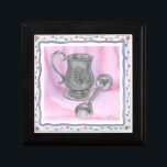 Heirloom Cup & Rattle on Purple Background Jewelry Box<br><div class="desc">An heriloom cup sits next to a baby rattle in this work by Tara Friel. A figure of a teddy bear is carved into the end of the rattle,  and intricate floral patterns are adorn the sides of the cup. A great piece,  put this on your wall today!</div>