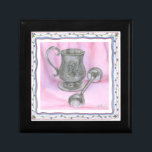 Heirloom Cup & Rattle on Purple Background Jewelry Box<br><div class="desc">An heriloom cup sits next to a baby rattle in this work by Tara Friel. A figure of a teddy bear is carved into the end of the rattle,  and intricate floral patterns are adorn the sides of the cup. A great piece,  put this on your wall today!</div>