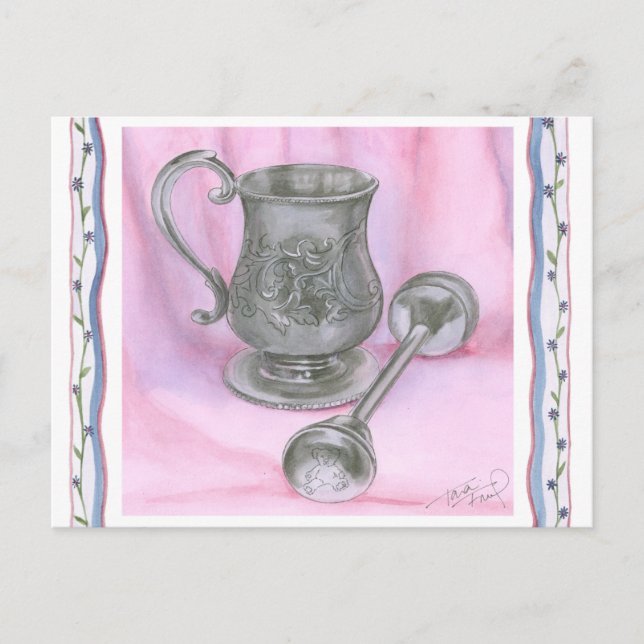 Heirloom Cup & Rattle on Purple Background Postcard (Front)