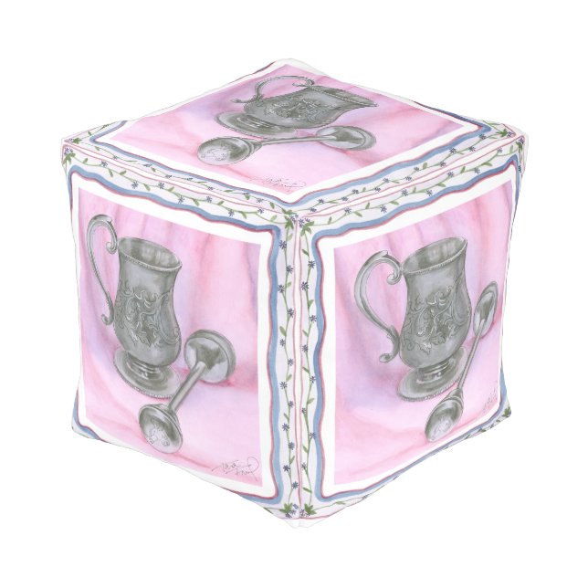 Heirloom Cup & Rattle on Purple Background Pouf (Angled Front)