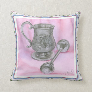 Heirloom Cup & Rattle on Purple Background Throw Pillow