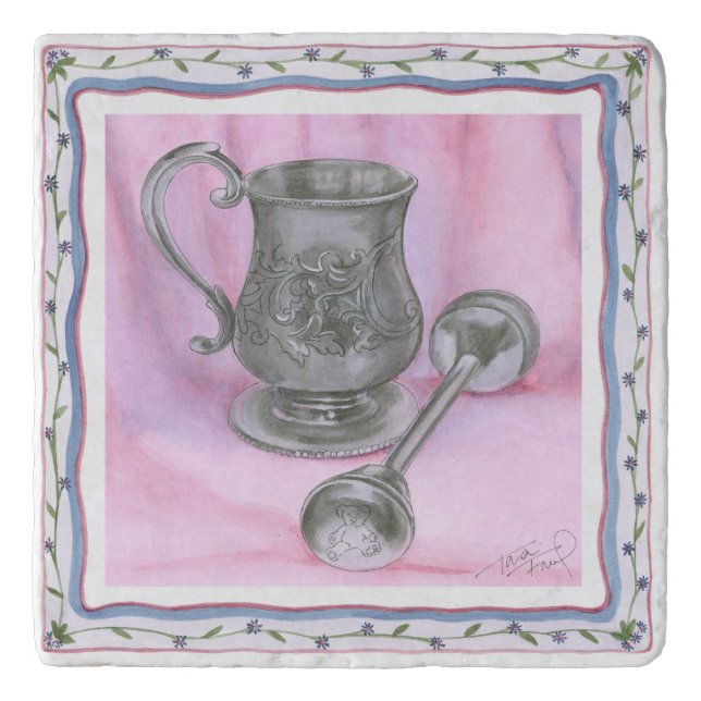 Heirloom Cup & Rattle on Purple Background Trivet (Front)
