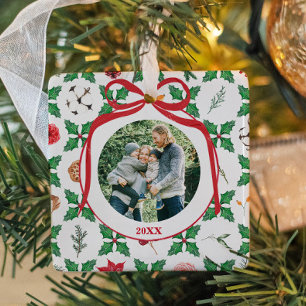 Heirloom Holly Personalized Merry Christmas Photo Ceramic Ornament