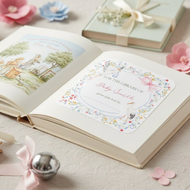 Heirloom Rose Bow and Stork Baby Shower Book Plate (Creator Uploaded)