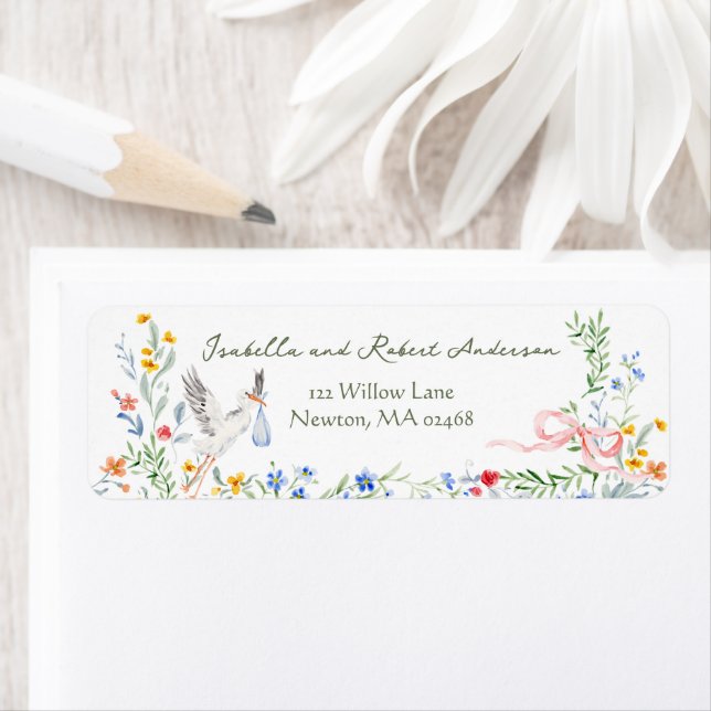 Heirloom Rose Ribbon and Stork Baby Shower Label (Insitu)