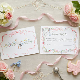 Heirloom Rose Ribbon and Stork Diaper Raffle Enclosure Card