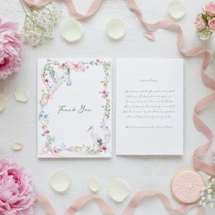 Heirloom Rose Ribbon and Stork Hostess Letterpress Thank You Card