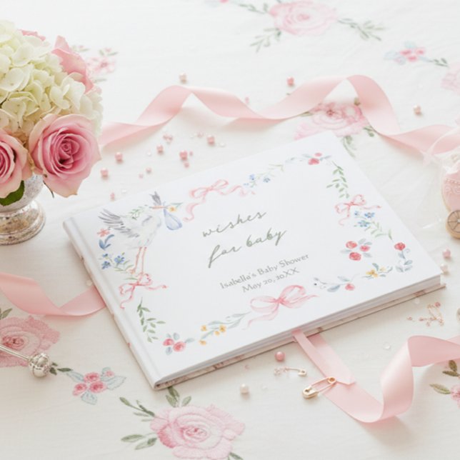 Heirloom Rose Ribbon Stork Baby Shower Guestbook (Creator Uploaded)