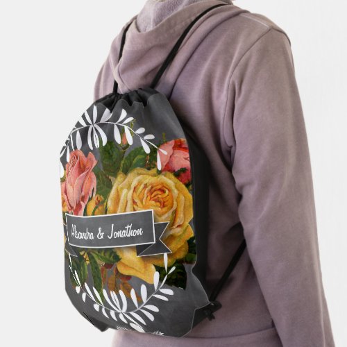 Heirloom Rose Vintage Chalkboard Banner Drawstring Bag