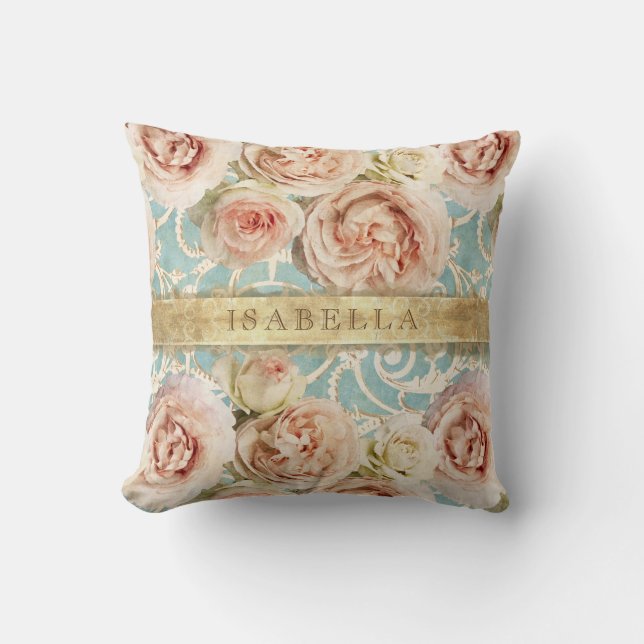 Heirloom Roses with Damask Add Name Throw Pillow (Front)