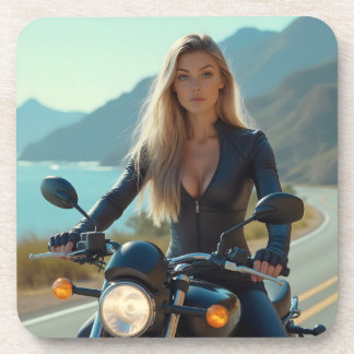 Helena Chevalier on Coastal Motorcycle Road Trip Beverage Coaster