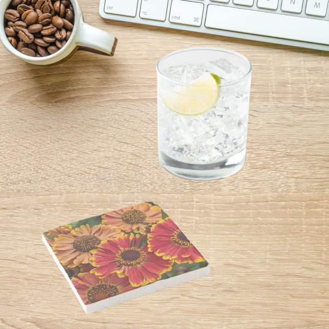 Helenium Autumnale Blooms Floral Stone Coaster (In Situ)