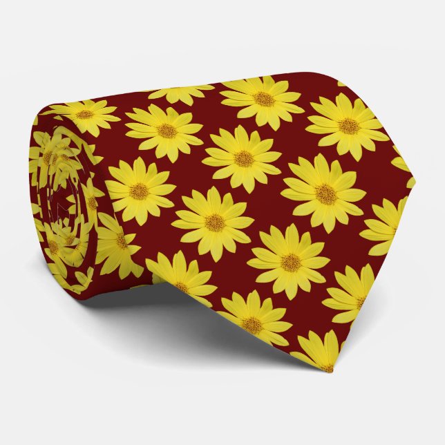 Helianthus 'Lemon Queen' Pattern - Dark Red Neck Tie (Rolled)