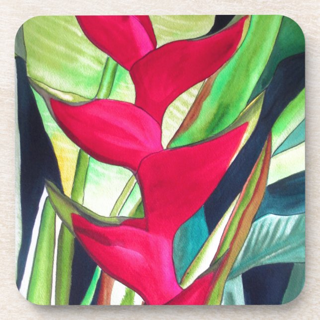 Heliconia Lobster Claw tropical watercolour flower Beverage Coaster (Front)