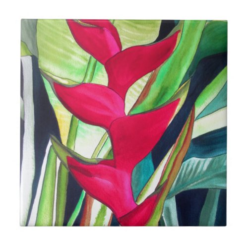 Heliconia Lobster Claw tropical watercolour flower Ceramic Tile