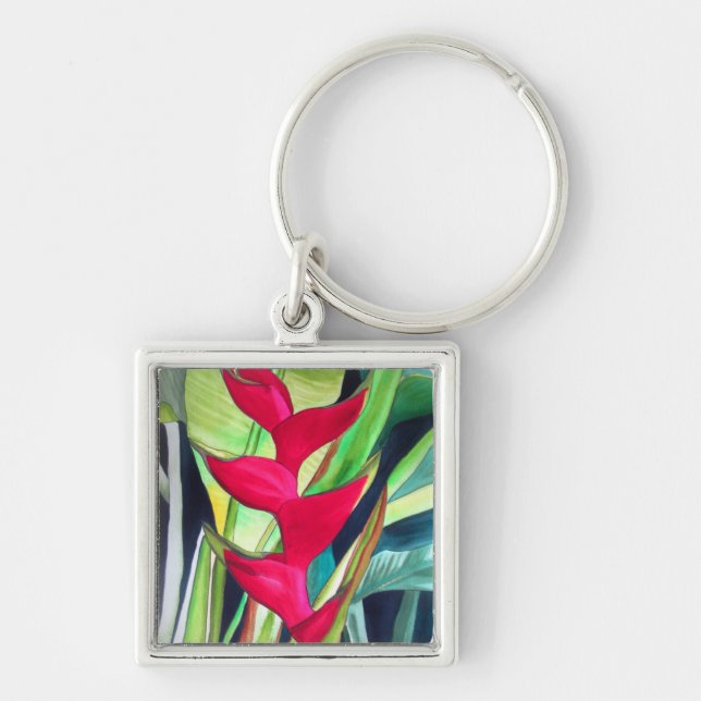 Heliconia Lobster Claw tropical watercolour flower Keychain (Front)
