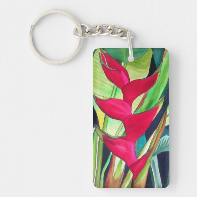 Heliconia Lobster Claw tropical watercolour flower Keychain (Front)