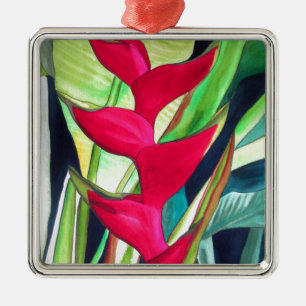 Heliconia Lobster Claw tropical watercolour flower Metal Ornament