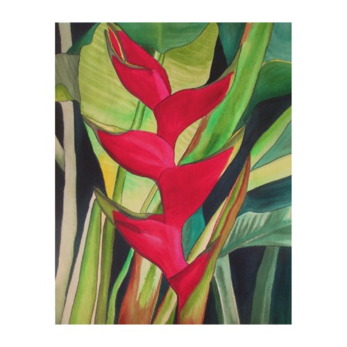 Heliconia Lobster Claw tropical watercolour flower Wood Wall Decor