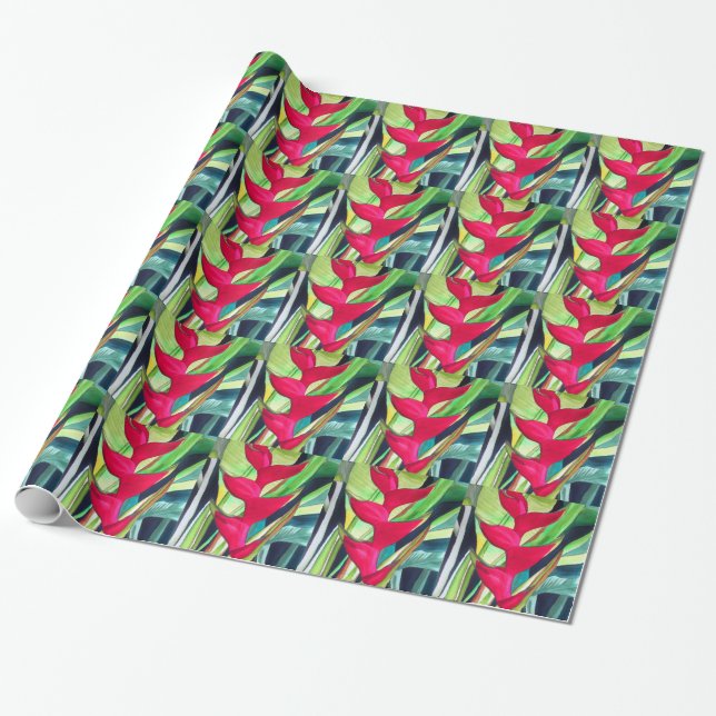 Heliconia Lobster Claw tropical watercolour flower Wrapping Paper (Unrolled)