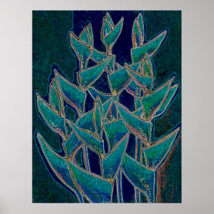 Heliconia Rostrata Tropical Flower Floral Art Teal Poster