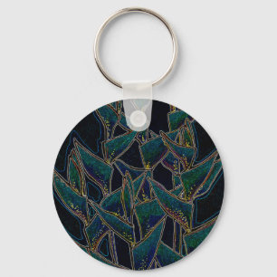 Heliconia Rostrata, tropical flowers, black & teal Keychain