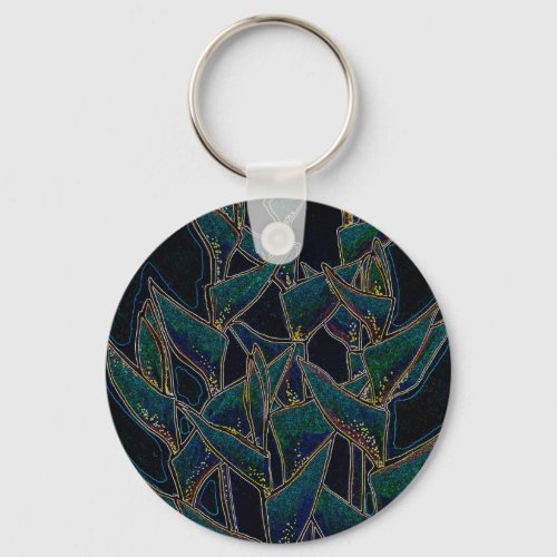 Heliconia Rostrata tropical flowers black  teal Keychain