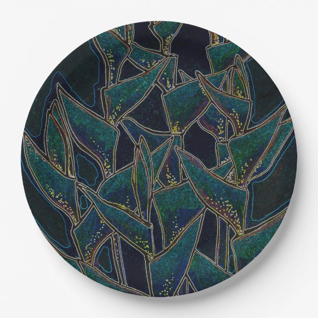 Heliconia Rostrata Tropical Flowers Floral Black Paper Plates (Front)
