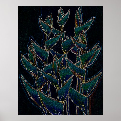 Heliconia Rostrata Tropical Plant Floral Art Black Poster