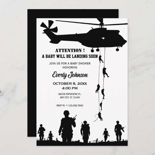helicopter army soldier baby shower invitation (Front/Back)