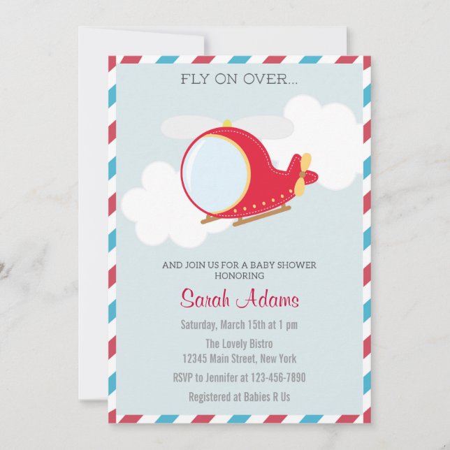 Helicopter Baby Shower Invitation Blue Red (Front)