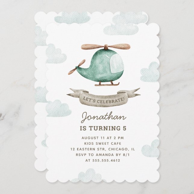 Helicopter Birthday for Boy | Watercolor Aviation Invitation (Front/Back)