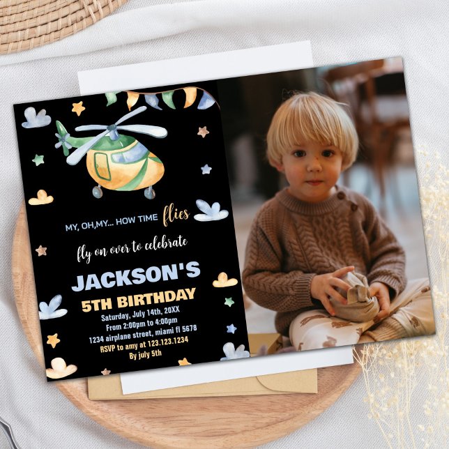 Helicopter Birthday Invitations Black with Photo (Helicopter Birthday Invitations Black with Photo)