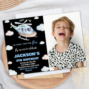 Helicopter Birthday Invitations Gray Black w Photo