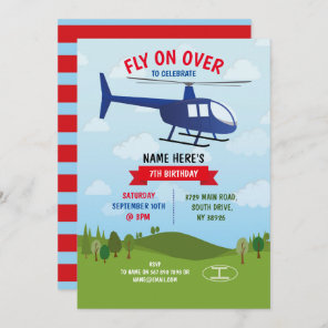 Helicopter Birthday Party Fly Over Red Blue Invitation