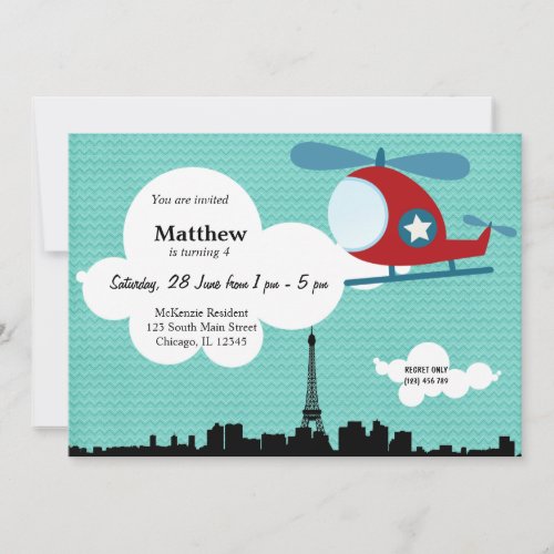 Helicopter Birthday theme Blue Invitation