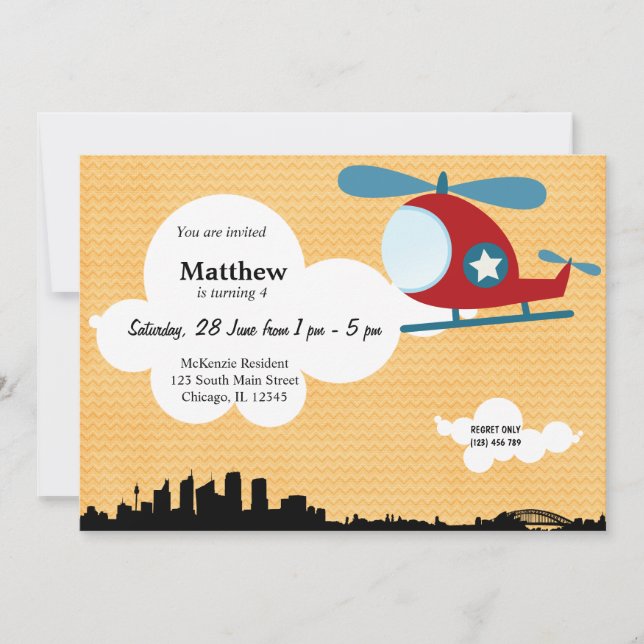 Helicopter Birthday theme (Orange) Invitation (Front)