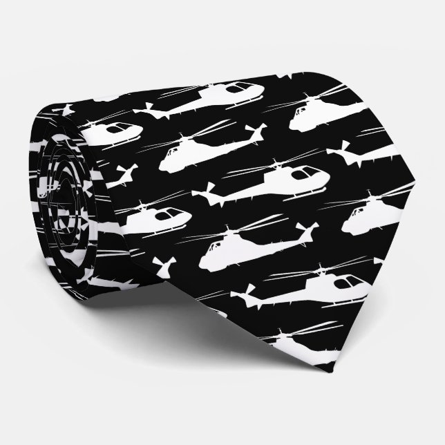 Helicopter Black and White Aviation Patterned Neck Tie (Rolled)