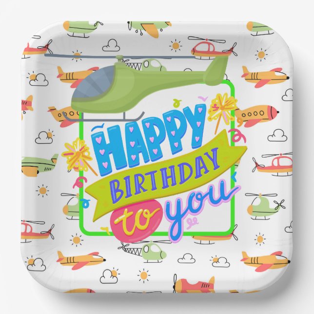 Helicopter Happy Birthday Paper Plates (Front)