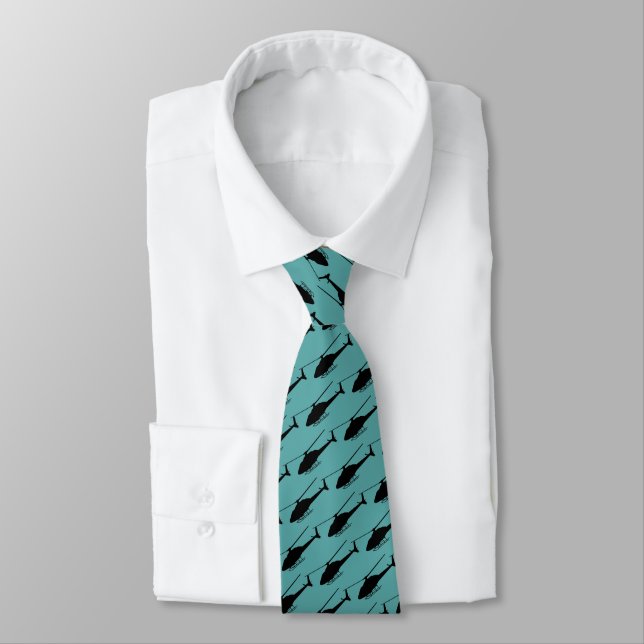 Helicopter Silhouette in Black and Teal Blue Neck Tie (Tied)
