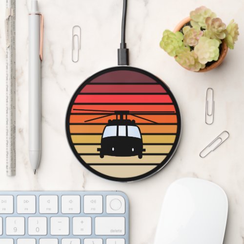 Helicopter Silhouette Retro Sunset Wireless Charger