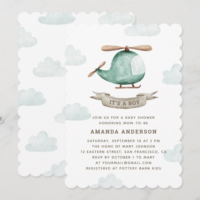 Helicopter & Sky | It’s a Boy Aviation Baby Shower Invitation (Front/Back)
