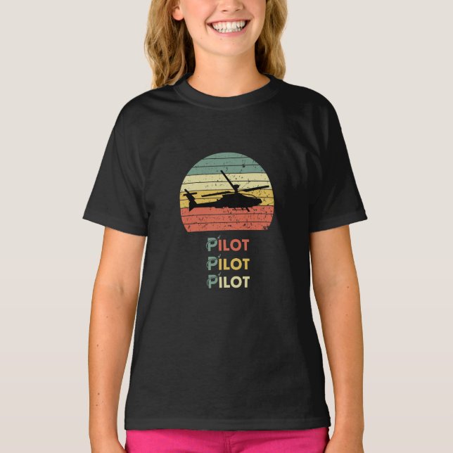 Helicopter & Sunset, Vintage Retro Simple Aviation T-Shirt (Front)