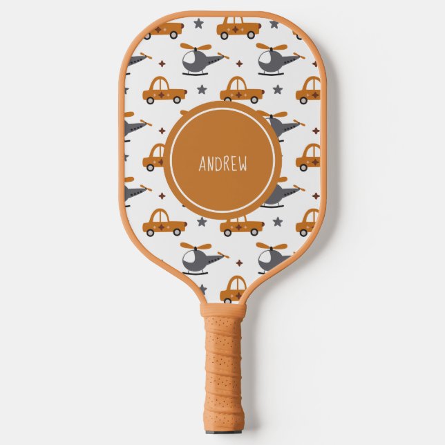 Helicopters and Cars Kid Toys Pattern & Boy Name Pickleball Paddle (Front)