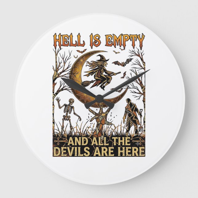 Hell Is Empty Halloween Witch Crescent Moon Skelet Large Clock (Front)