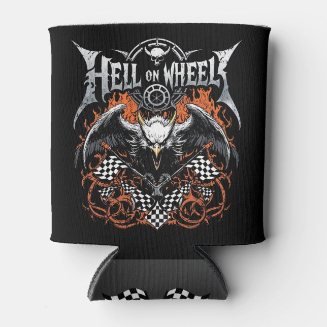 Hell On Wheels Racing Motorsport Checkered Flag  Can Cooler (Front)