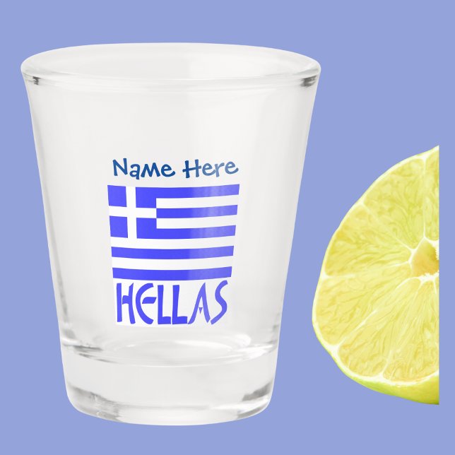 Hellas Greek Flag Blue Personalization  Shot Glass (Shot glass with the Greek flag and the word HELLAS below in blue. Add à name above.)