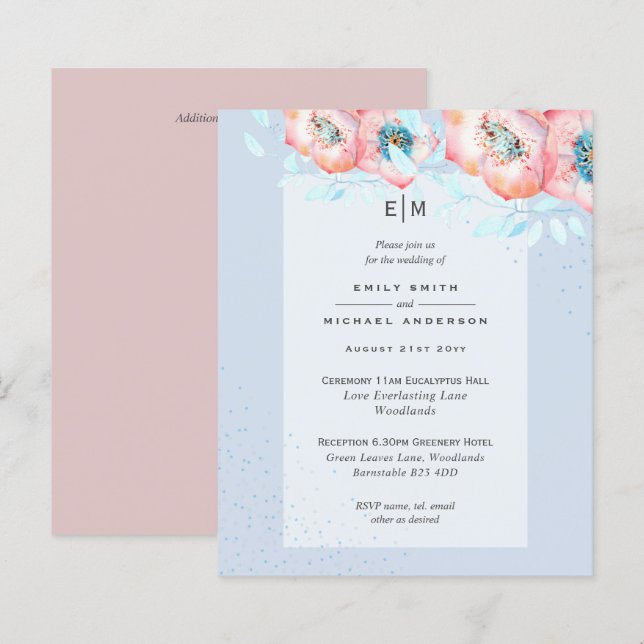 Hellebore Blue Dusty Rose Wedding Reception BUDGET (Front/Back)