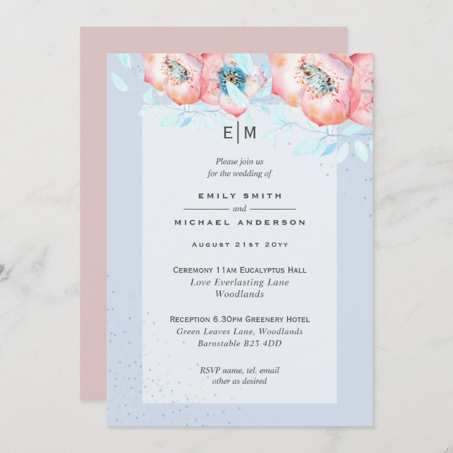 Hellebore Blue Dusty Rose Wedding Reception Invite (Front/Back)